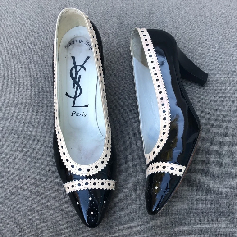 YSL Vintage Patent Spectator Pump in Ivory & Black - Picture 9 of 13